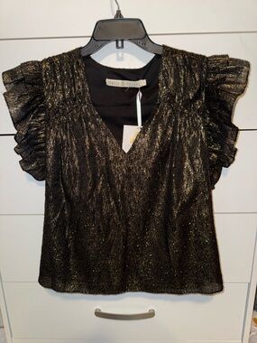 Marie Oliver Black Metallic Ruffle-Sleeve V-Neck Blouse